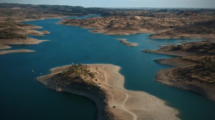 Aerial view from a dam in Alentejo Portugal, The Chanza River. Drone view