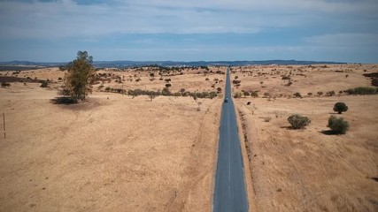 Aerial view of a country road in spring. Alentejo, Portugal. Drone view