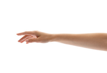 Young woman holding her hand on white background, closeup