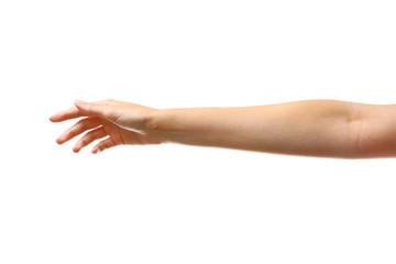 Young woman reaching hand for shake on white background, closeup