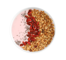 Smoothie bowl with goji berries on white background, top view