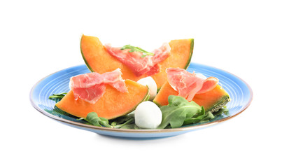 Fototapeta na wymiar Fresh melon with prosciutto, mozzarella and arugula on white background