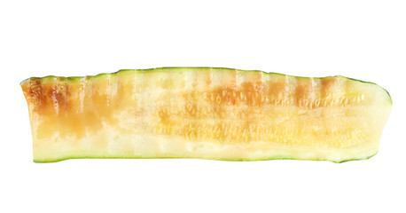 Delicious piece of grilled zucchini on white background, top view