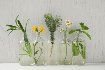 Glass bottles of different essential oils with plants on table
