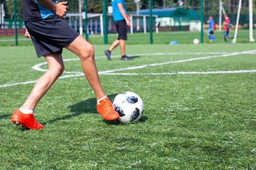 Obraz premium Soccer player on the soccer field plays the ball. Doing sports. Children play ball in a football team.