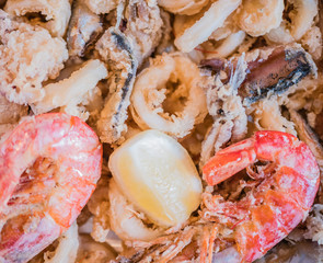 Typical Italian dish, mixed fried fresh fish with squid rings, sardines and shrimp