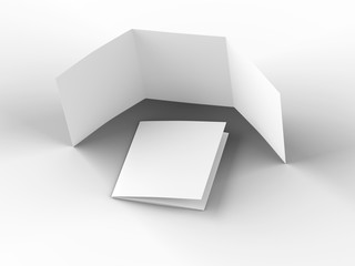 Open tri-folded leaflet in square format. 3d illustration