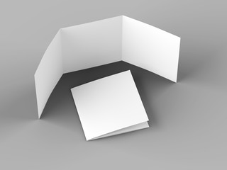 Open tri-folded leaflet in square format. 3d illustration