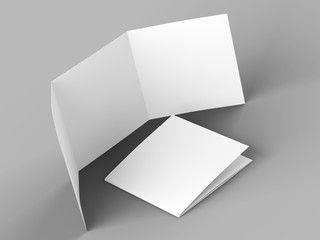 Open tri-folded leaflet in square format. 3d illustration
