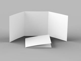 Open tri-folded leaflet in square format. 3d illustration