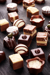 a lot of variety chocolate pralines, belgian confectionery gourmet chocolate.