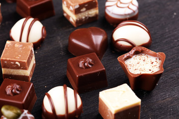 a lot of variety chocolate pralines, belgian confectionery gourmet chocolate.