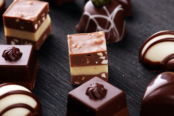 a lot of variety chocolate pralines, belgian confectionery gourmet chocolate.