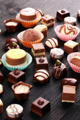 a lot of variety chocolate pralines, belgian confectionery gourmet chocolate.