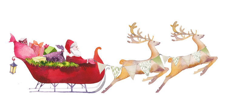 Watercolor Santa Claus illustration. Hand drawn Santa with gift boxes rides in sleigh pulled by reindeer. Christmas artwork isolated on white background