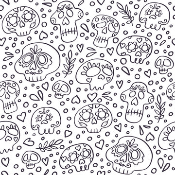 Skull seamless pattern. Day of the Dead skull background. Mexican Dia de los Muertos holiday skulls. Leafs, bones, hearts. Doodle style vector. Texture for textile, wrapping, fabric and other surfaces