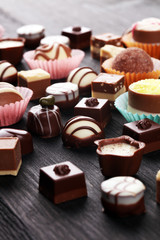 a lot of variety chocolate pralines, belgian confectionery gourmet chocolate.