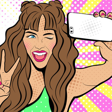 Attractive sexy girl with open eyes and mouth, with phone in the hand in comic style. Pop art woman holding smartphone. Digital advertisement, girl making selfie. Vector Illustration.