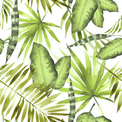 Modèle sans couture de feuilles tropicales, jungle. Peinte à la main. Illustration à l& 39 aquarelle. Le motif d& 39 été tropique peut être utilisé comme texture d& 39 arrière-plan, papier d& 39 emballage, textile ou papier peint.