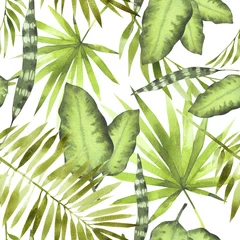 Behang Naadloze patroon van tropische bladeren, jungle. Hand geschilderd. Aquarel illustratie. Tropisch zomermotief kan worden gebruikt als achtergrondstructuur, inpakpapier, textiel of behangontwerp. © Tatiana 