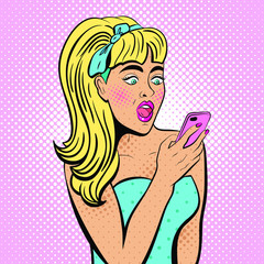 Attractive girl with wide open eyes and mouth, with phone in the hand in comic style. Pop art woman holding smartphone. Digital advertisement female model reading the message. Vector Illustration.