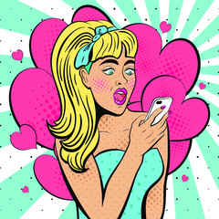 Attractive girl with wide open eyes and mouth, with phone in the hand in comic style. Pop art woman holding smartphone. Digital advertisement female model reading the message. Vector Illustration.