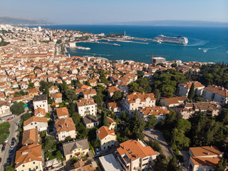 Naklejka na ściany i meble Croatia, august 2019: Aerial view of Split - the largest of the Dalmatian cities and one of the oldest in the area. It has the examples of Romanesque, Gothic, Renaissance and Baroque architecture
