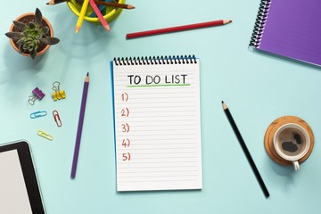 Writing To Do list, Over Head View Of Work Desk.