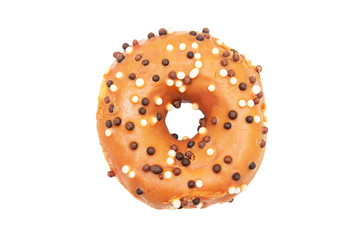 Brown donut with bright sprinkles, white background, isolated, top view