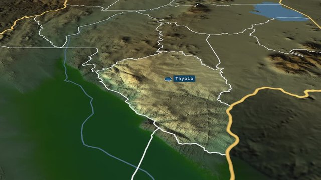 Thyolo - district of Malawi with its capital zoomed on the physical map of the globe. Animation 3D