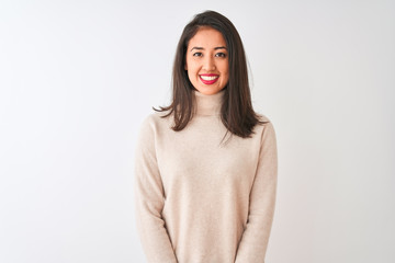 Beautiful chinese woman wearing turtleneck sweater standing over isolated white background with a happy and cool smile on face. Lucky person.