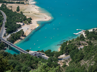 France, July 2019: View to the lake of Sainte-Croix, Verdon Gorge, Provence, near Moustiers-Sainte-Marie, department Alpes-de-Haute-Provence, region Provence-Alpes-Cote d'Azur