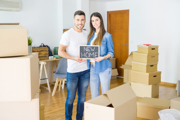 Beautiful young couple moving to a new house, smiling very happy holding blackboard with new home text