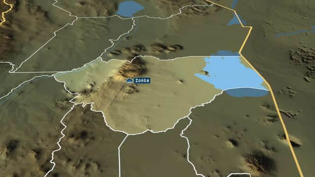Zomba - district of Malawi with its capital zoomed on the physical map of the globe. Animation 3D