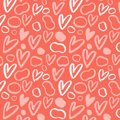 Pink pattern with hand drawn hearts and shapes.Perfect design for posters, cards, textile, web pages.Valentine's day.