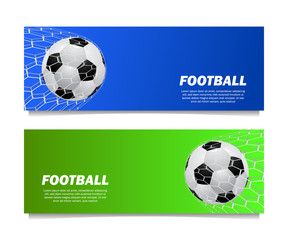 shoot 3D realistic ball soccer football on the net goal with blue and green background for banner design template