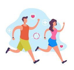 Sport people man and woman characters running jogging. Sporty healthy life concept. Vector flat cartoon graphic design illustration
