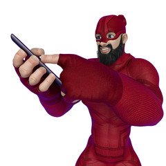 super hero cartoon with beard on suit is fiddling with the cellphone