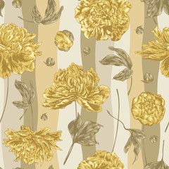 Seamless vector floral pattern with hand drawn peony flowers in pastel gold-beige colors on striped background. Endless print in vintage style © Atrica
