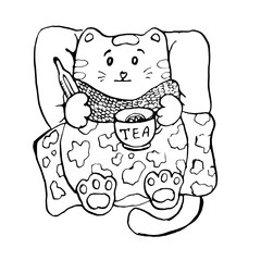 Ill cat lying in bed. Hand-drawn vector of flu ill cat with tea and thermometer. Medical concept.