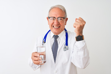 Senior grey-haired doctor man drinking glass of water over isolated white background annoyed and frustrated shouting with anger, crazy and yelling with raised hand, anger concept