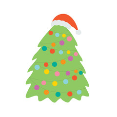 Christmas tree in the hat of Santa Claus. Vector illustration isolated on white background