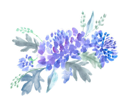 Composition with blue chrysanthemums, watercolor drawing