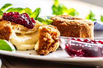 Fried camembert or brie cheese with cranberry jam and basil