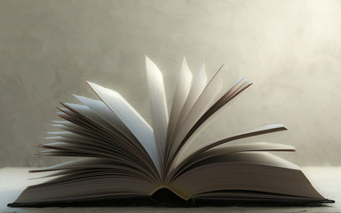 Open book on a gray background. Close up with blurry focus. Copy space