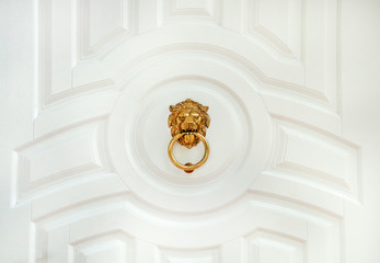 Door knocker with lion. wooden door lion lock. Decorative door handle in form of bronze lion head...