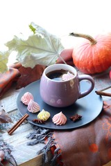 Cup of coffee, meringues, pumpkins, leaves, plaid on a window background, home comfort concept, Thanksgiving, autumn season