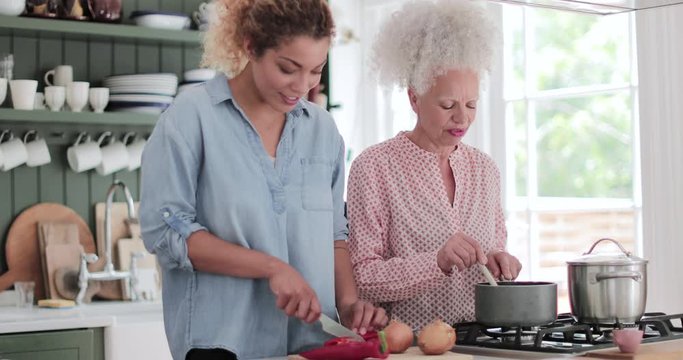 Senior adult woman cooking a meal with daughter