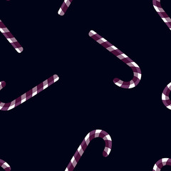 Vector seamless pattern with flat candy cane sweet sticks. Christmas or New Year festive object. Template for wrapping paper, gift, fabric or textile. Purple canes on dark blue background.