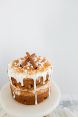 cardamom cake with lingonberries, brown butter cinnamon frosting and cream cheese glaze, white background, copy space